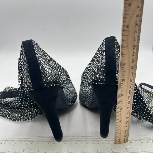 FSJ Black Diamante Fish Net Sexy High Heel Long Boots - Picture 6 of 9